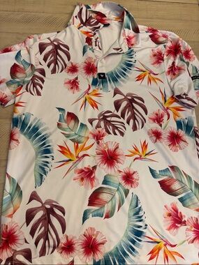 Bad Birdie Men's Floral Polo Shirt - White with Multicolor Tropical Print